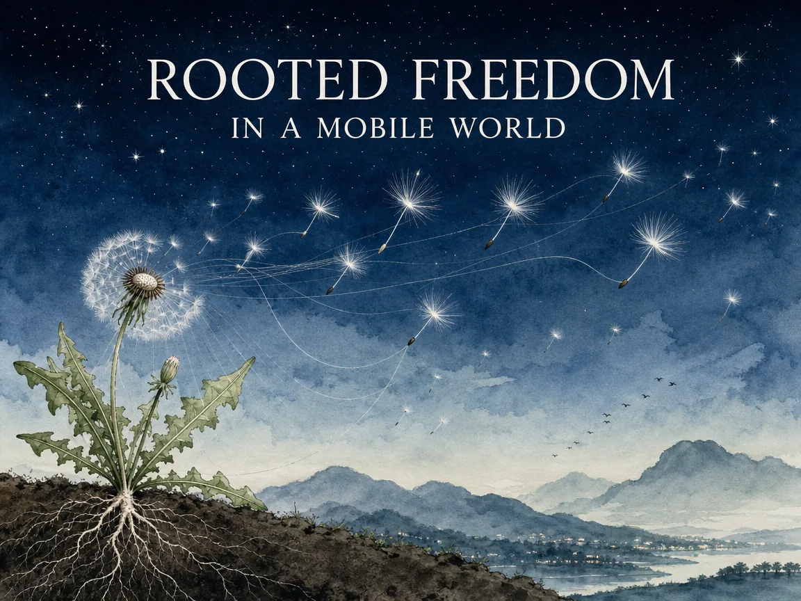 Dandelion fluffs dancing effortlessly across the wide starry sky, their glowing seeds firmly connected by invisible silver threads of memory to the deep fertile soil below in Prussian blue twilight wash, soft sage green seedling leaves, and spacious negative space, illustrating rooted freedom in a mobile world, showing that true autonomy is empowered rather than hindered by deep roots on ChiDestiny