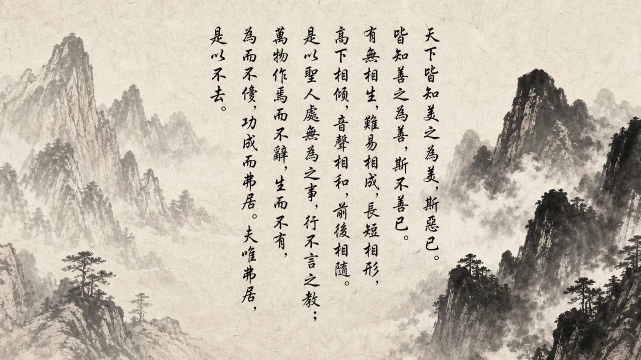 Traditional Chinese brush calligraphy artwork on Xuan paper for Laozi Daodejing Chapter 02 (養身章第二), rendering ancient Daoist script in classical ink strokes with authentic seal stamp, illustrating Cultivating the Self: The Harmony of Opposites and Wordless Teaching, on ChiDestiny
