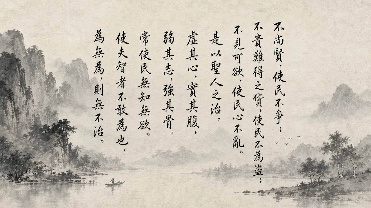 Traditional Chinese brush calligraphy artwork on Xuan paper for Laozi Daodejing Chapter 03 (安民章第三), rendering ancient Daoist script in classical ink strokes with authentic seal stamp, illustrating Pacifying the People: Quieting Ambition and Emptying the Mind, on ChiDestiny