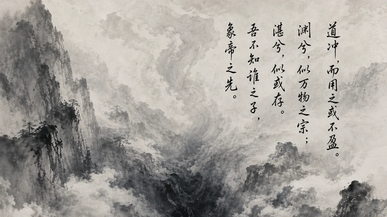 Traditional Chinese brush calligraphy artwork on Xuan paper for Laozi Daodejing Chapter 04 (無源章第四), rendering ancient Daoist script in classical ink strokes with authentic seal stamp, illustrating The Sourceless Origin: The Inexhaustible Depth of the Void, on ChiDestiny