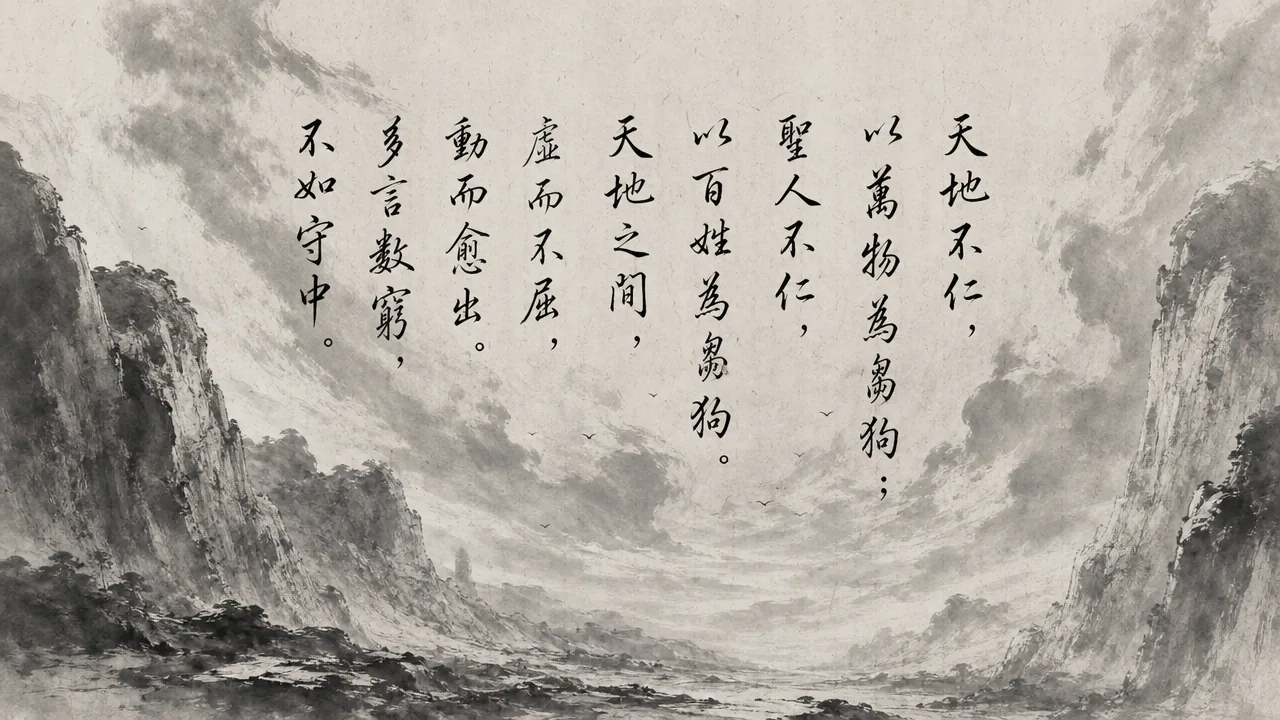 Traditional Chinese brush calligraphy artwork on Xuan paper for Laozi Daodejing Chapter 05 (虛用章第五), rendering ancient Daoist script in classical ink strokes with authentic seal stamp, illustrating The Function of Emptiness: The Cosmic Bellows and Impartial Care, on ChiDestiny