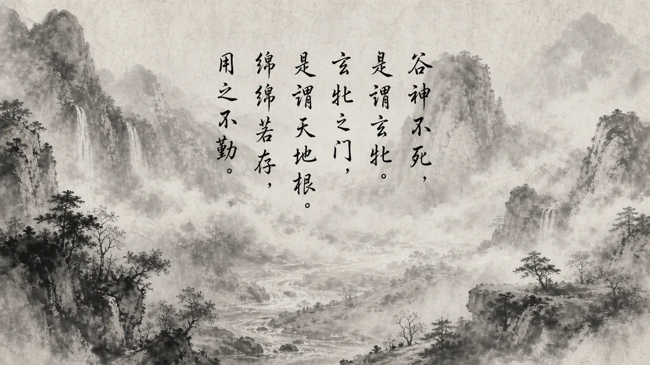 Traditional Chinese brush calligraphy artwork on Xuan paper for Laozi Daodejing Chapter 06 (成象章第六), rendering ancient Daoist script in classical ink strokes with authentic seal stamp, illustrating The Formation of Form: The Valley Spirit and the Primal Mother, on ChiDestiny