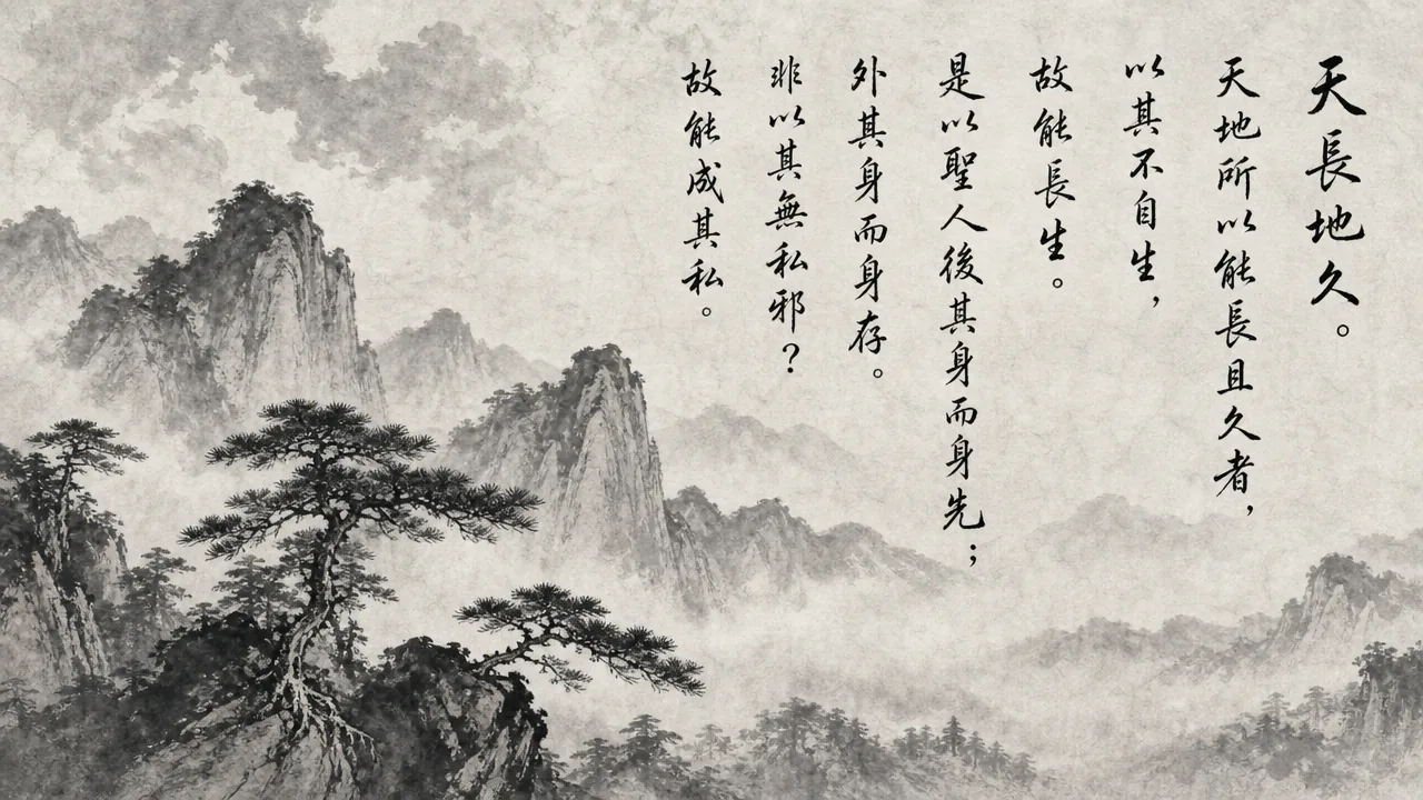 Traditional Chinese brush calligraphy artwork on Xuan paper for Laozi Daodejing Chapter 07 (韜光章第七), rendering ancient Daoist script in classical ink strokes with authentic seal stamp, illustrating Sheathing the Light: Selfless Endurance and the Enduring Universe, on ChiDestiny