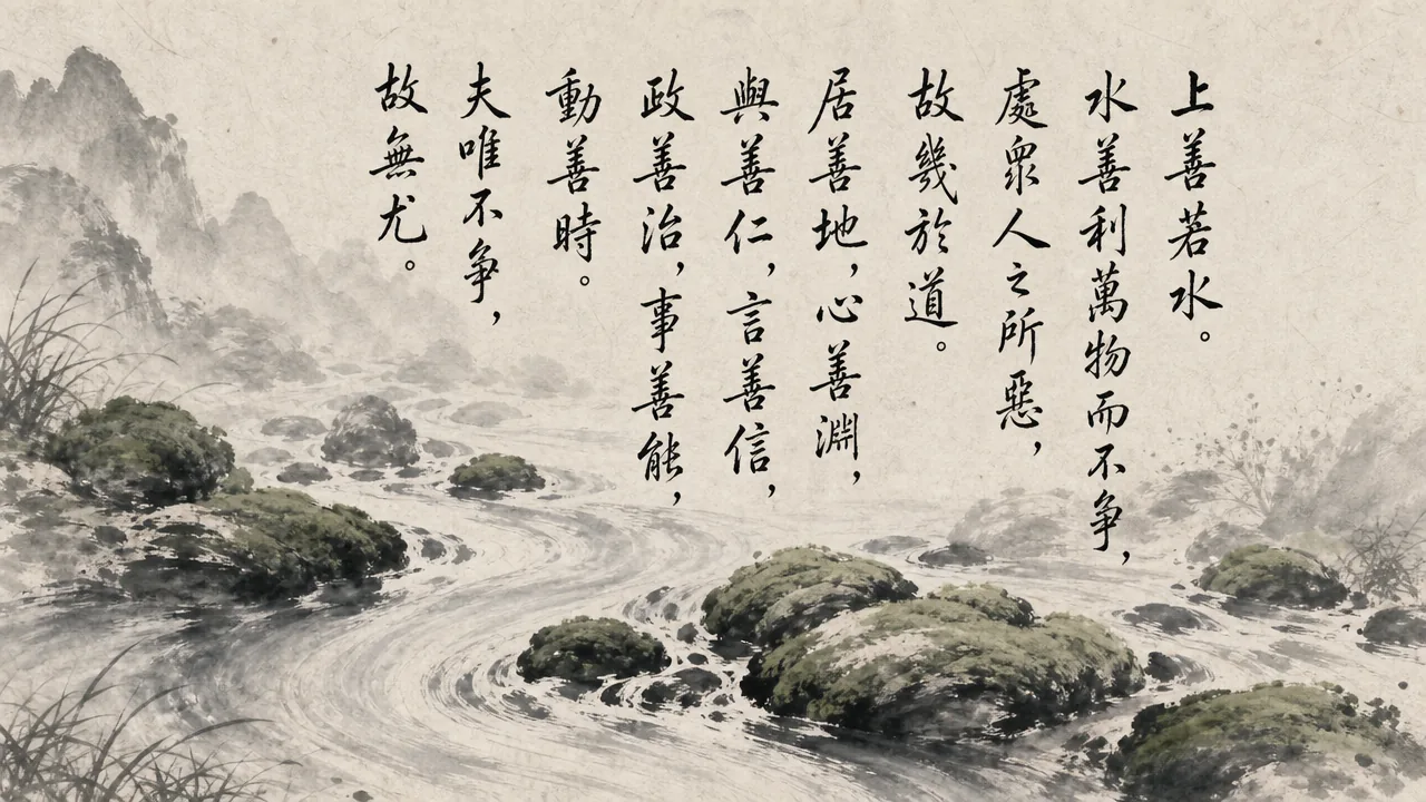 Traditional Chinese brush calligraphy artwork on Xuan paper for Laozi Daodejing Chapter 08 (易性章第八), rendering ancient Daoist script in classical ink strokes with authentic seal stamp, illustrating The Nature of Adaptability: The Highest Good Resembles Water, on ChiDestiny