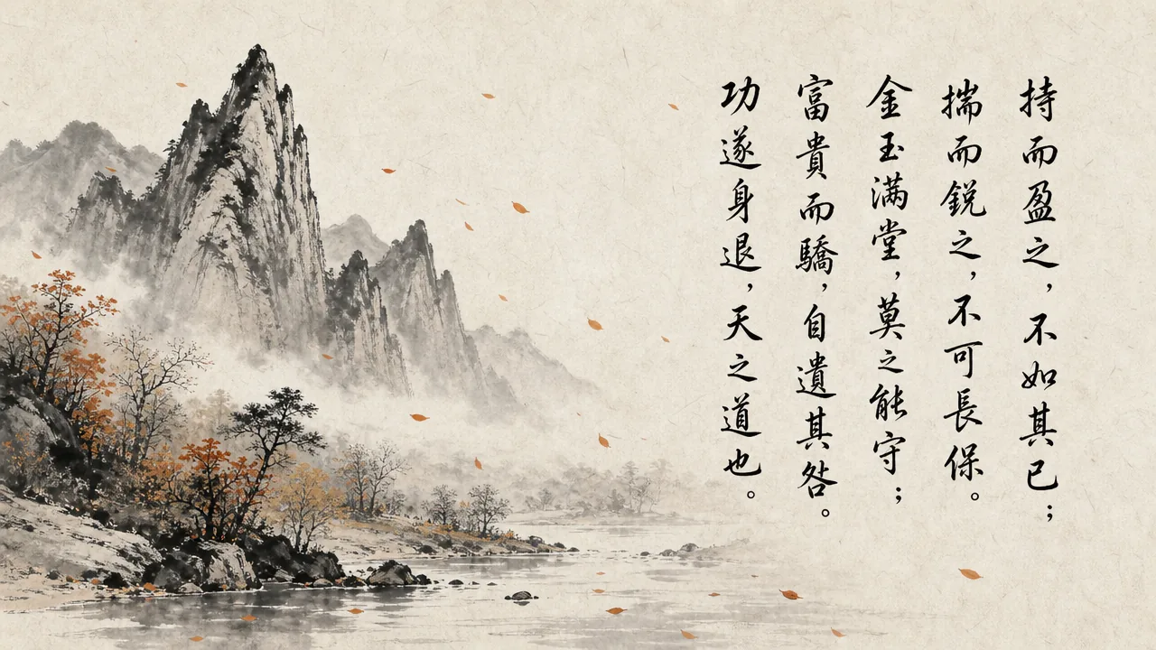 Traditional Chinese brush calligraphy artwork on Xuan paper for Laozi Daodejing Chapter 09 (運夷章第九), rendering ancient Daoist script in classical ink strokes with authentic seal stamp, illustrating Holding Back in Equilibrium: Knowing When to Stop and Stepping Away, on ChiDestiny