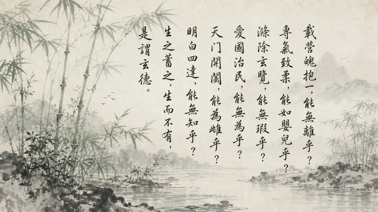 Traditional Chinese brush calligraphy artwork on Xuan paper for Laozi Daodejing Chapter 10 (能爲章第十), rendering ancient Daoist script in classical ink strokes with authentic seal stamp, illustrating Cultivating Inner Capability: Embracing the Primal Wholeness of the Newborn, on ChiDestiny