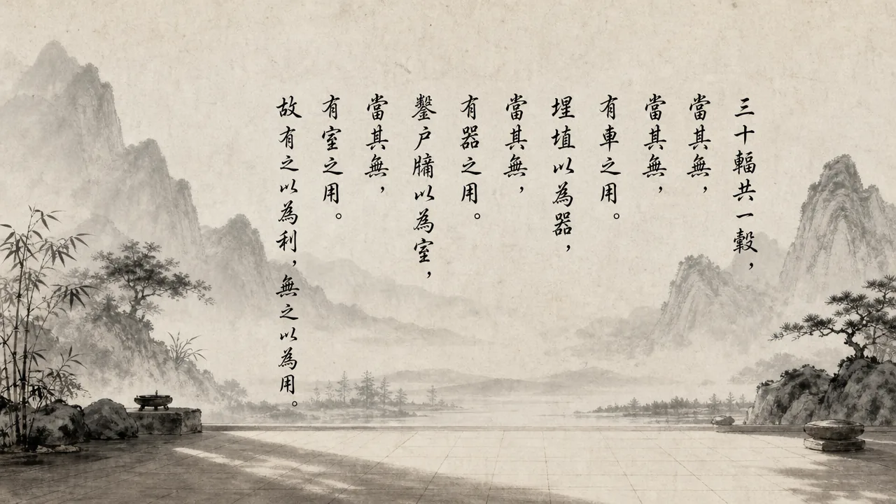 Traditional Chinese brush calligraphy artwork on Xuan paper for Laozi Daodejing Chapter 11 (無用章第十一), rendering ancient Daoist script in classical ink strokes with authentic seal stamp, illustrating The Utility of Nothingness: The Essential Value of Empty Space, on ChiDestiny