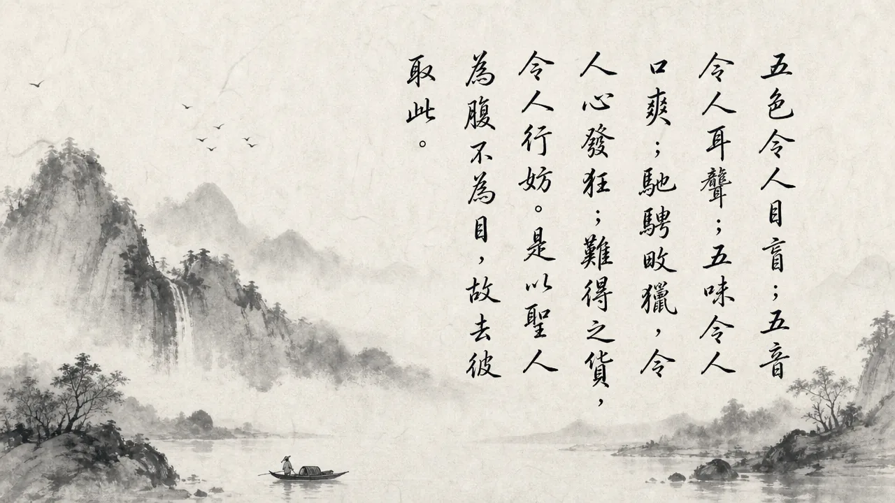 Traditional Chinese brush calligraphy artwork on Xuan paper for Laozi Daodejing Chapter 12 (檢欲章第十二), rendering ancient Daoist script in classical ink strokes with authentic seal stamp, illustrating Restraining Sensory Indulgence: Guarding the Quiet Belly over the Greedy Eye, on ChiDestiny