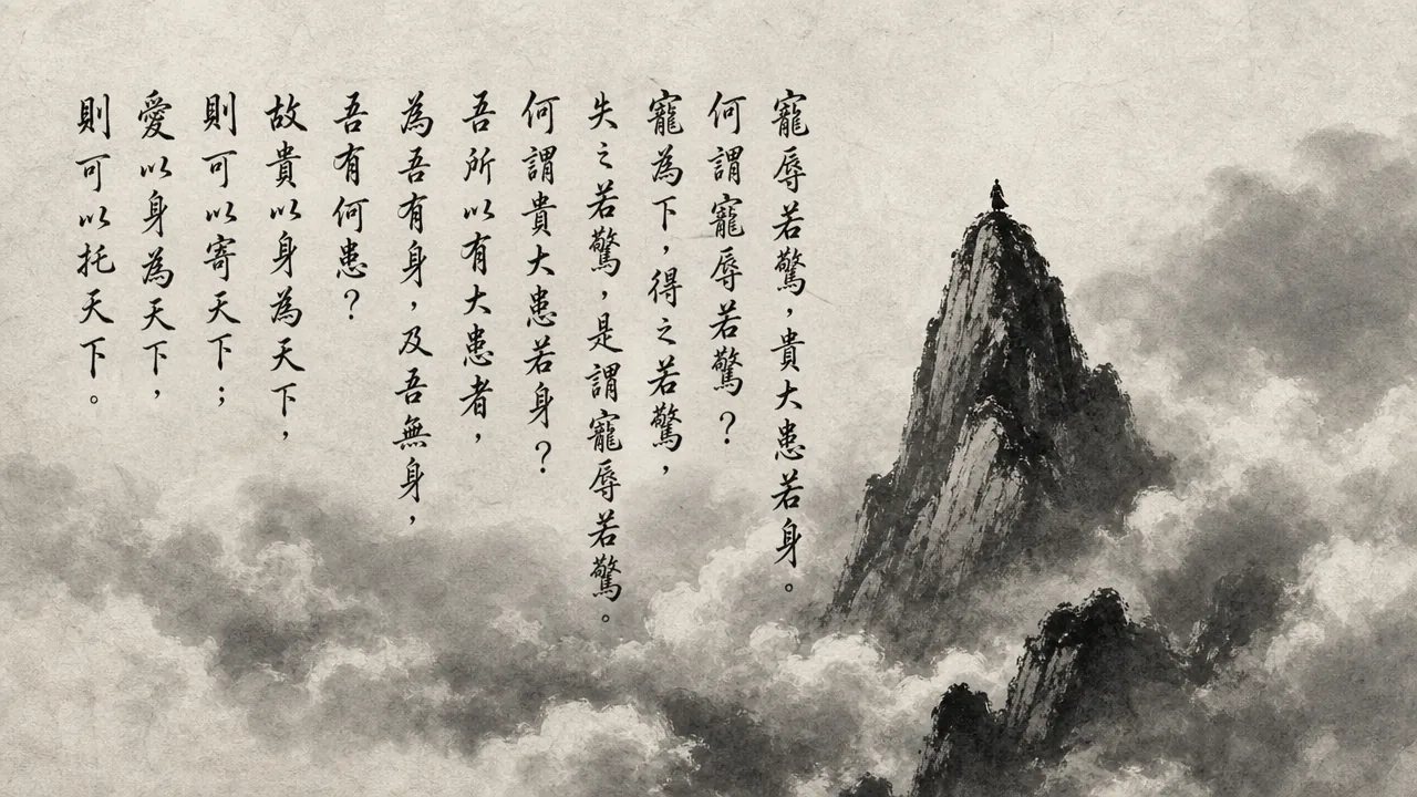 Traditional Chinese brush calligraphy artwork on Xuan paper for Laozi Daodejing Chapter 13 (厭恥章第十三), rendering ancient Daoist script in classical ink strokes with authentic seal stamp, illustrating Transcending Favor and Disgrace: Accepting Misfortune as Part of Having a Self, on ChiDestiny
