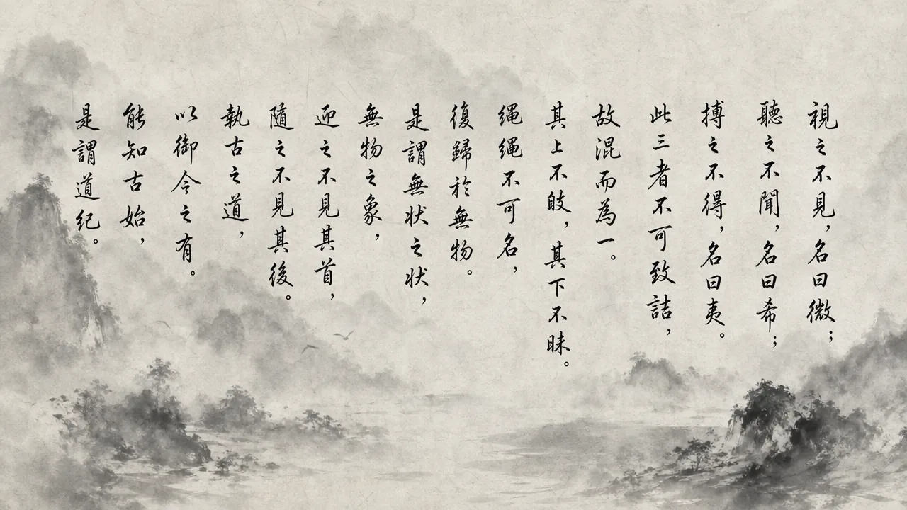Traditional Chinese brush calligraphy artwork on Xuan paper for Laozi Daodejing Chapter 14 (讚玄章第十四), rendering ancient Daoist script in classical ink strokes with authentic seal stamp, illustrating Praising the Mysterious: The Formless Form and the Invisible Continuum, on ChiDestiny