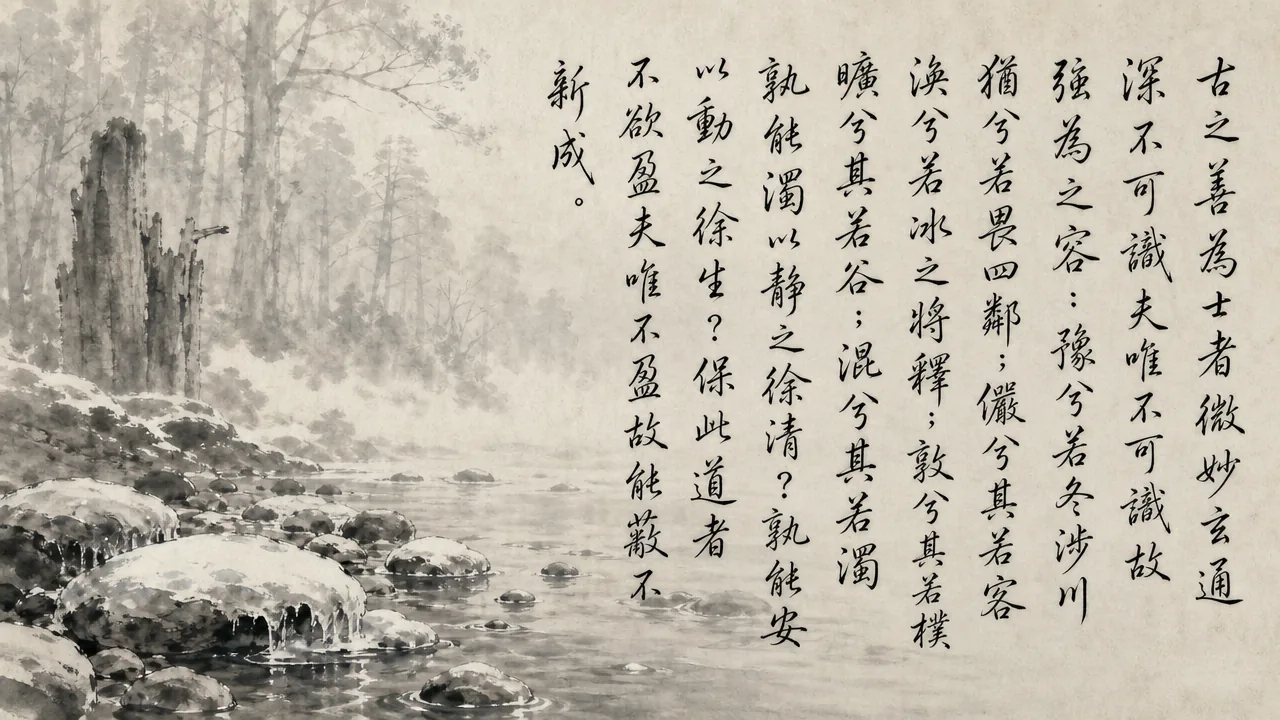 Traditional Chinese brush calligraphy artwork on Xuan paper for Laozi Daodejing Chapter 15 (顯德章第十五), rendering ancient Daoist script in classical ink strokes with authentic seal stamp, illustrating Manifesting Ancient Mastery: Wading Winter Streams and Melting Like Ice, on ChiDestiny