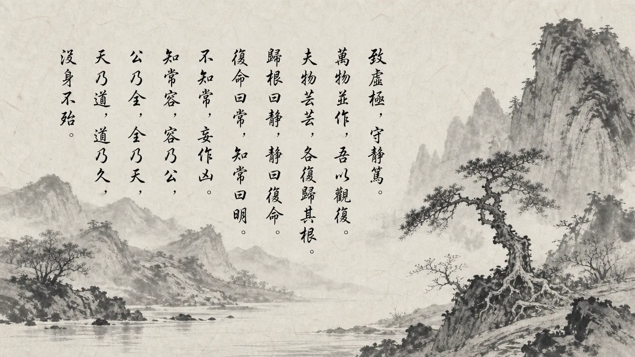 Traditional Chinese brush calligraphy artwork on Xuan paper for Laozi Daodejing Chapter 16 (歸根章第十六), rendering ancient Daoist script in classical ink strokes with authentic seal stamp, illustrating Returning to the Root: Attaining Utmost Emptiness and Observing the Cycle, on ChiDestiny