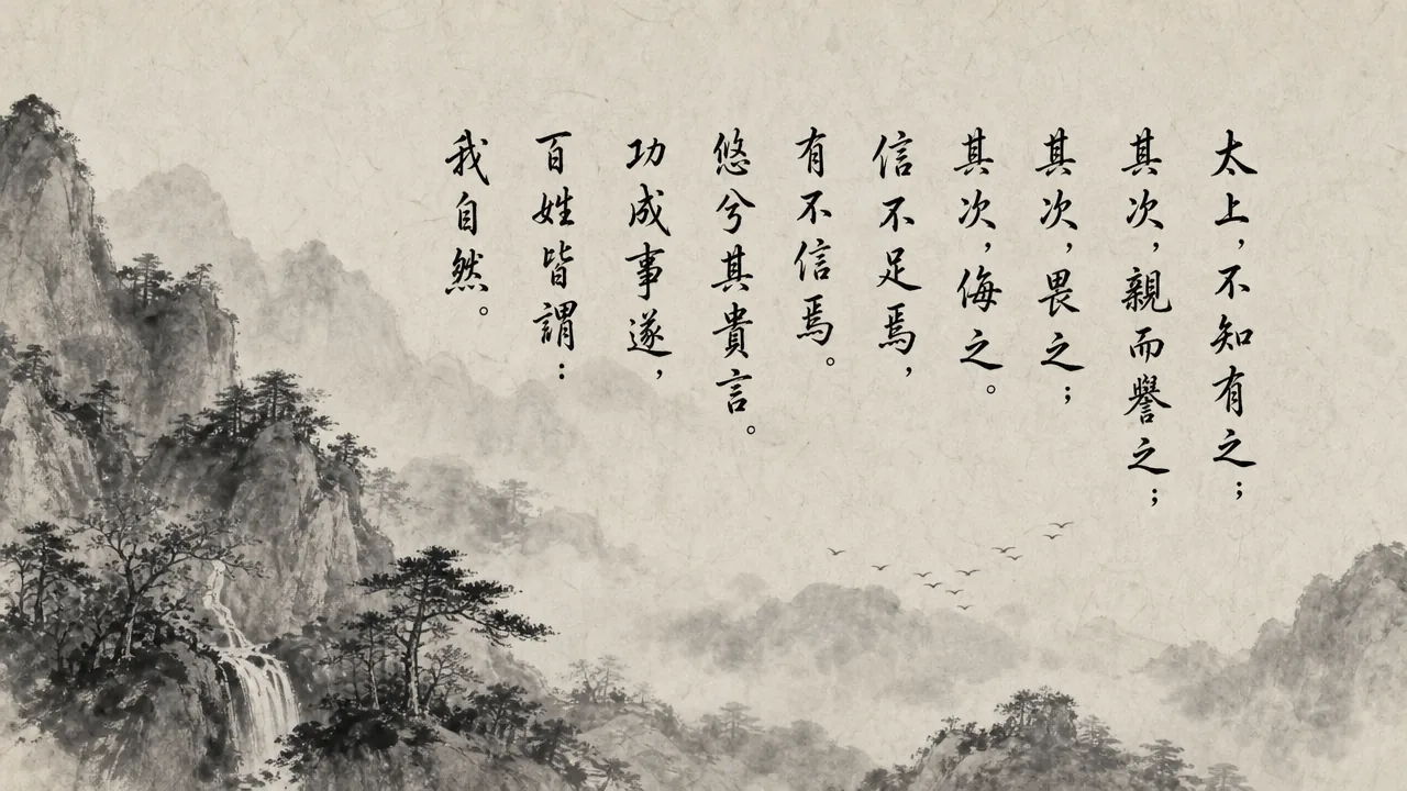 Traditional Chinese brush calligraphy artwork on Xuan paper for Laozi Daodejing Chapter 17 (淳風章第十七), rendering ancient Daoist script in classical ink strokes with authentic seal stamp, illustrating The Pure Atmosphere of Leadership: When People Say 'We Did It Ourselves', on ChiDestiny