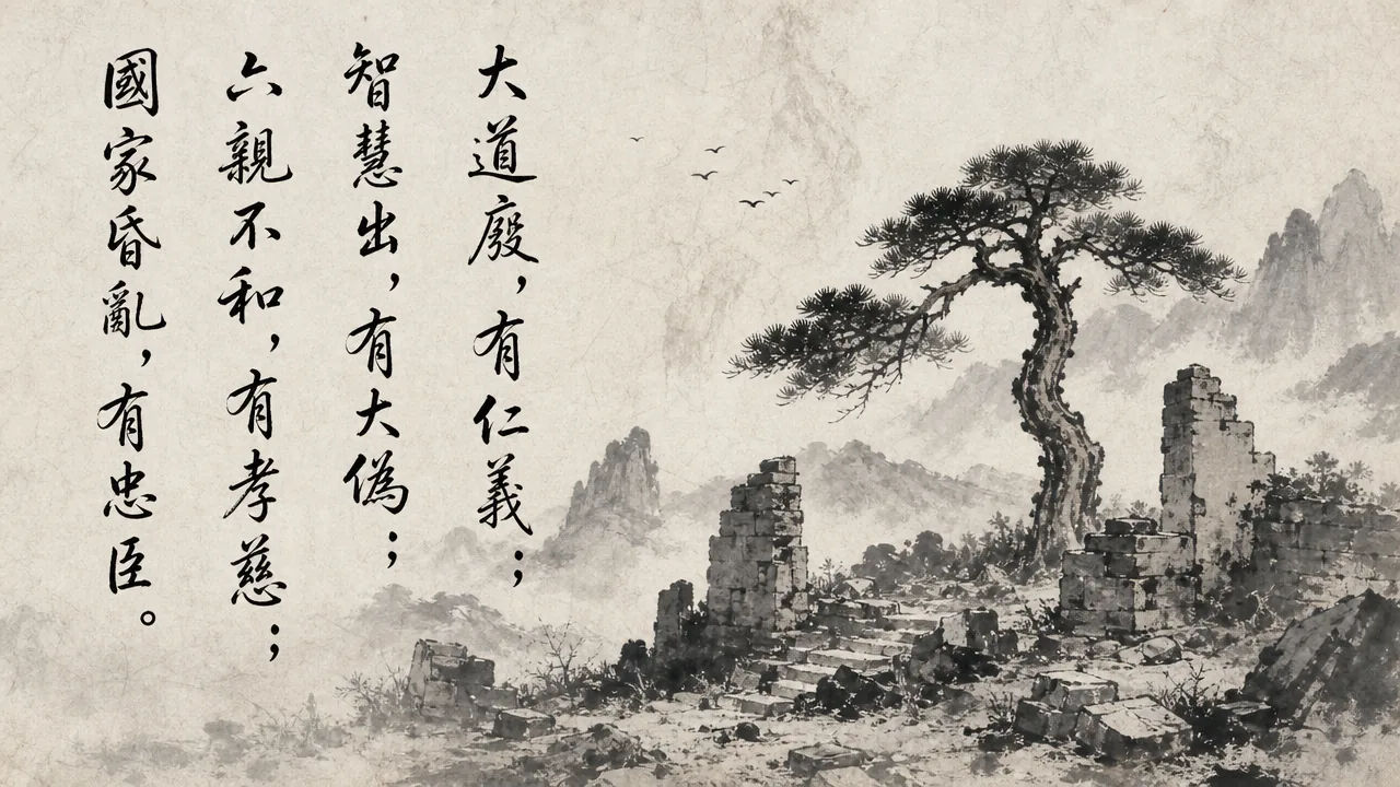 Traditional Chinese brush calligraphy artwork on Xuan paper for Laozi Daodejing Chapter 18 (俗薄章第十八), rendering ancient Daoist script in classical ink strokes with authentic seal stamp, illustrating The Decline into Artificial Morality: When Spontaneous Goodness Is Lost, on ChiDestiny