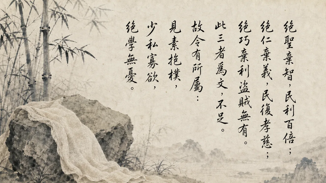 Traditional Chinese brush calligraphy artwork on Xuan paper for Laozi Daodejing Chapter 19 (還淳章第十九), rendering ancient Daoist script in classical ink strokes with authentic seal stamp, illustrating Returning to Pristine Simplicity: Discarding Cunning and Embracing the Uncarved Block, on ChiDestiny