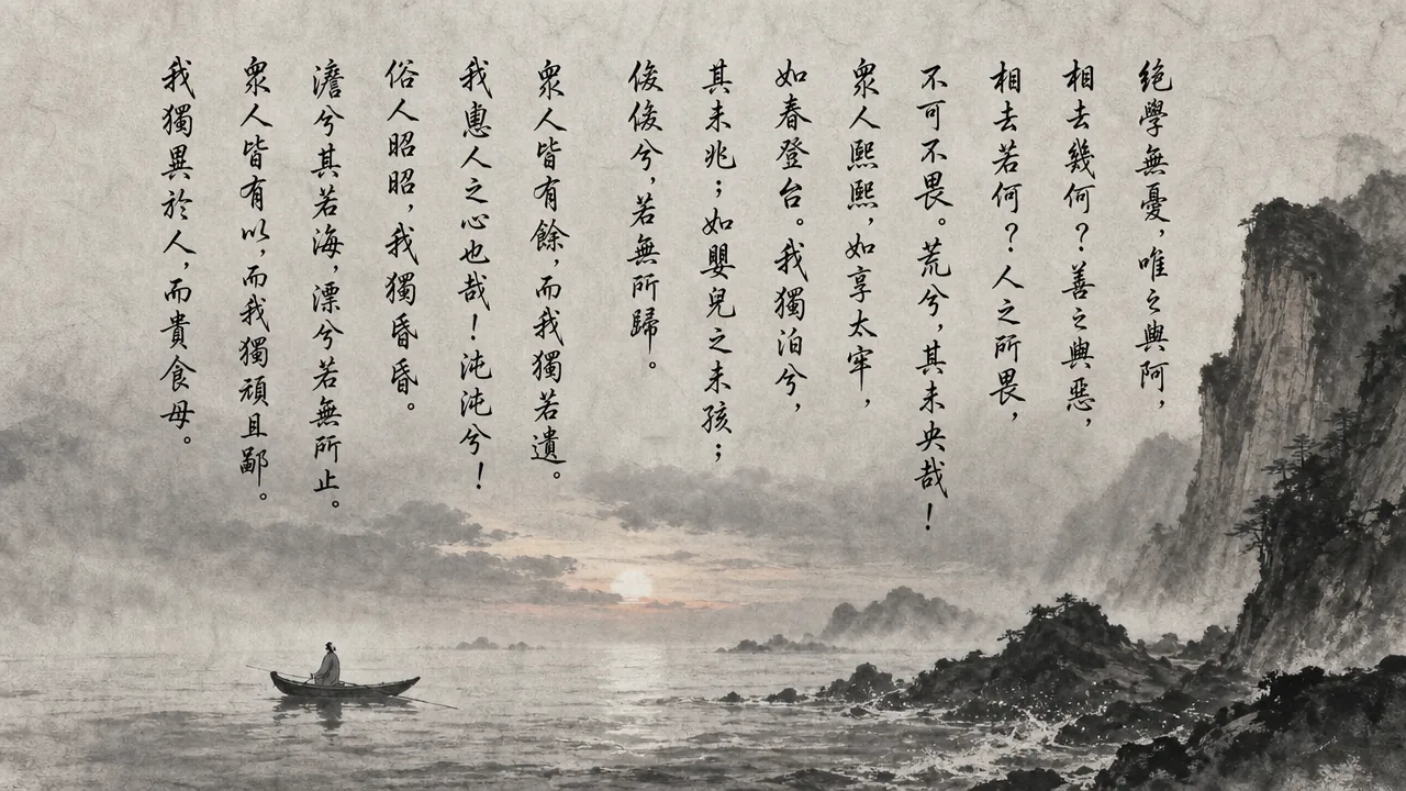 Traditional Chinese brush calligraphy artwork on Xuan paper for Laozi Daodejing Chapter 20 (異俗章第二十), rendering ancient Daoist script in classical ink strokes with authentic seal stamp, illustrating Differing from the Crowd: The Holy Drifter Nourished by the Great Mother, on ChiDestiny