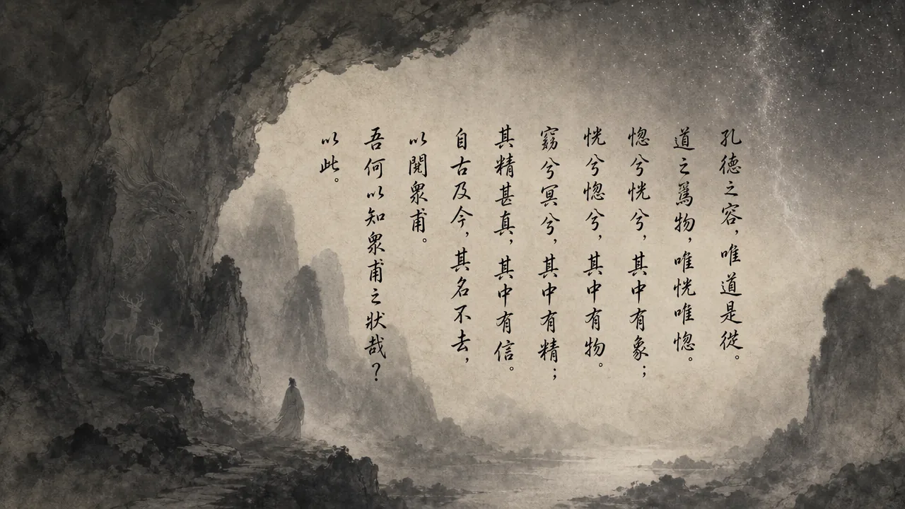 Traditional Chinese brush calligraphy artwork on Xuan paper for Laozi Daodejing Chapter 21 (虛心章第二十一), rendering ancient Daoist script in classical ink strokes with authentic seal stamp, illustrating The Empty Mind: The Elusive Essence of the Cosmic Blueprint, on ChiDestiny