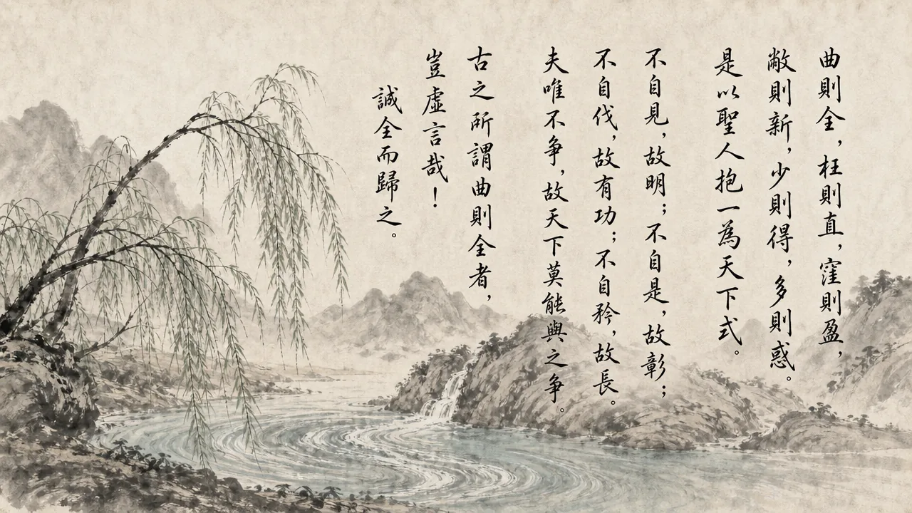 Traditional Chinese brush calligraphy artwork on Xuan paper for Laozi Daodejing Chapter 22 (益謙章第二十二), rendering ancient Daoist script in classical ink strokes with authentic seal stamp, illustrating The Bounty of Humility: Yielding to Remain Whole, Bending to Stand Upright, on ChiDestiny