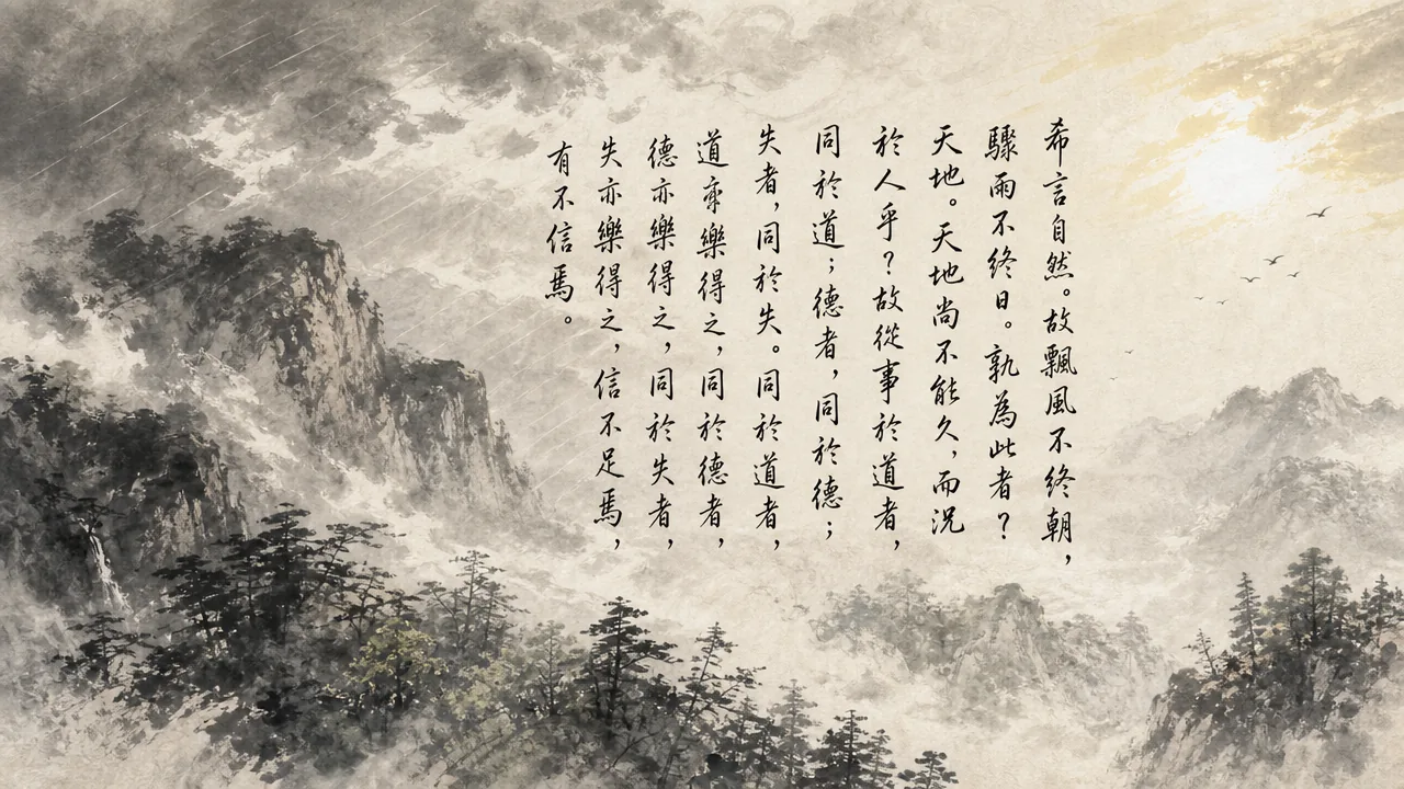 Traditional Chinese brush calligraphy artwork on Xuan paper for Laozi Daodejing Chapter 23 (虛無章第二十三), rendering ancient Daoist script in classical ink strokes with authentic seal stamp, illustrating Emptiness and Brevity: Whirwinds Never Last All Morning, on ChiDestiny