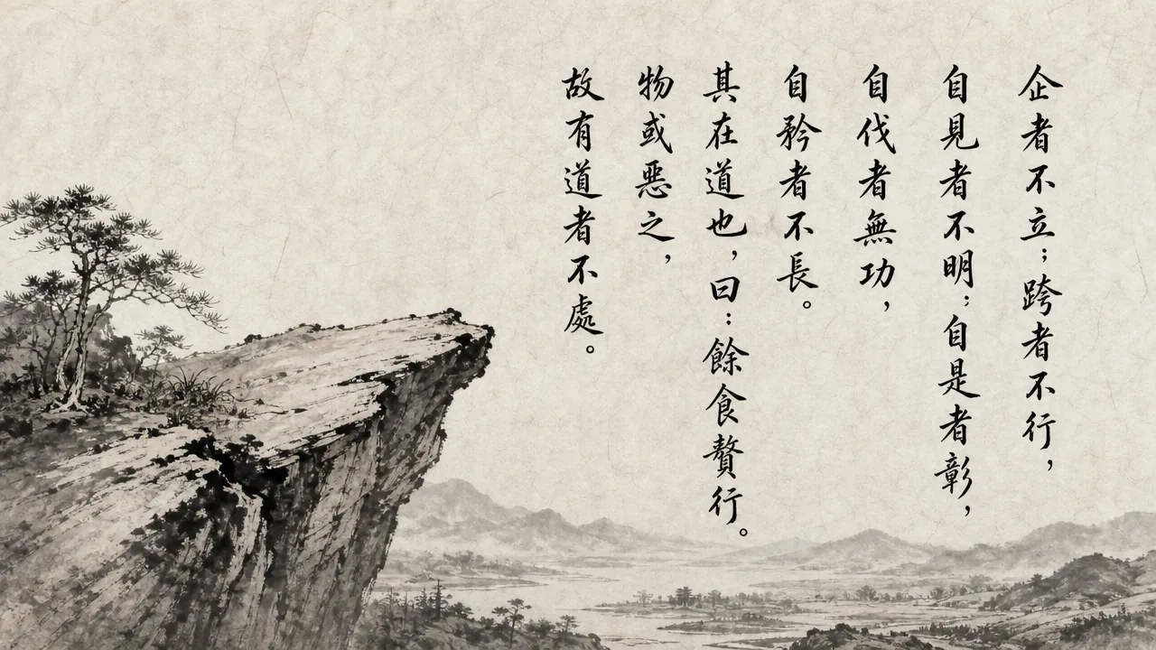 Traditional Chinese brush calligraphy artwork on Xuan paper for Laozi Daodejing Chapter 24 (苦恩章第二十四), rendering ancient Daoist script in classical ink strokes with authentic seal stamp, illustrating The Burden of Pretension: Standing on Tiptoe Never Lasts, on ChiDestiny