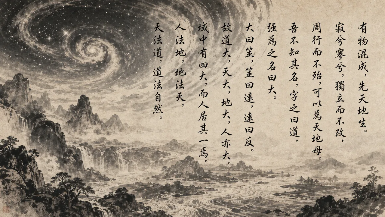 Traditional Chinese brush calligraphy artwork on Xuan paper for Laozi Daodejing Chapter 25 (象元章第二十五), rendering ancient Daoist script in classical ink strokes with authentic seal stamp, illustrating The Primal Archetype: The Tao Modeling Itself on Nature, on ChiDestiny