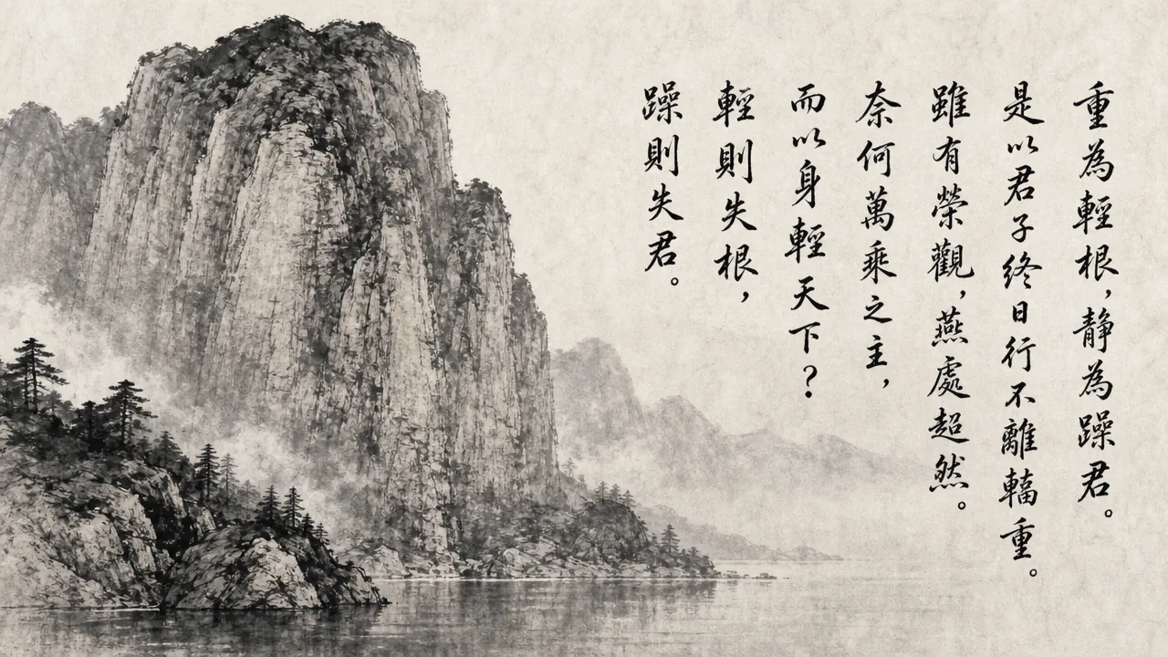 Traditional Chinese brush calligraphy artwork on Xuan paper for Laozi Daodejing Chapter 26 (重德章第二十六), rendering ancient Daoist script in classical ink strokes with authentic seal stamp, illustrating The Gravity of Virtue: The Heavy Is the Foundation of the Light, on ChiDestiny