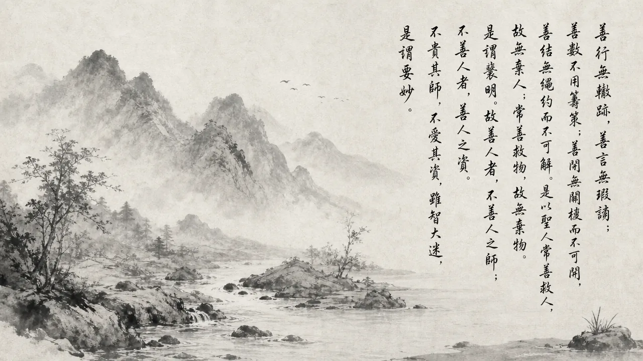 Traditional Chinese brush calligraphy artwork on Xuan paper for Laozi Daodejing Chapter 27 (巧用章第二十七), rendering ancient Daoist script in classical ink strokes with authentic seal stamp, illustrating The Skillful Use of Means: Leaving Neither Track nor Trace, on ChiDestiny