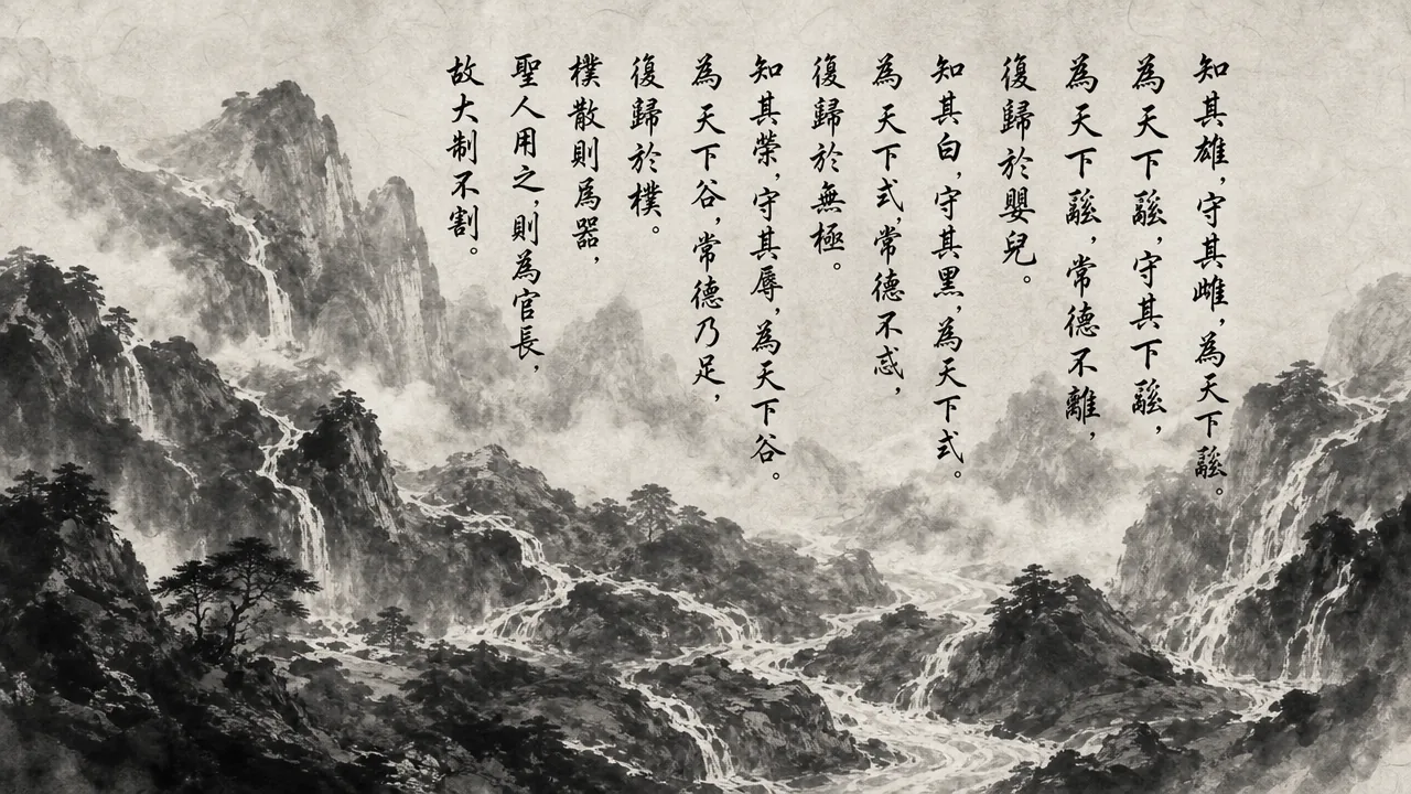 Traditional Chinese brush calligraphy artwork on Xuan paper for Laozi Daodejing Chapter 28 (反樸章第二十八), rendering ancient Daoist script in classical ink strokes with authentic seal stamp, illustrating Returning to Simplicity: Knowing the Male While Cleaving to the Female, on ChiDestiny