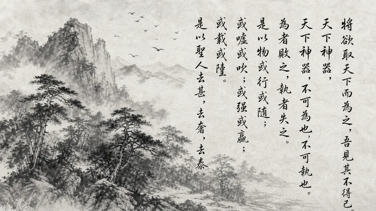 Traditional Chinese brush calligraphy artwork on Xuan paper for Laozi Daodejing Chapter 29 (無爲章第二十九), rendering ancient Daoist script in classical ink strokes with authentic seal stamp, illustrating Non-Meddling Wisdom: The World Is a Sacred Vessel That Cannot Be Forced, on ChiDestiny