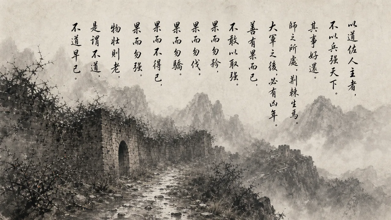 Traditional Chinese brush calligraphy artwork on Xuan paper for Laozi Daodejing Chapter 30 (儉武章第三十), rendering ancient Daoist script in classical ink strokes with authentic seal stamp, illustrating Moderating Force: Where Armies Camp, Thorns and Briars Grow, on ChiDestiny