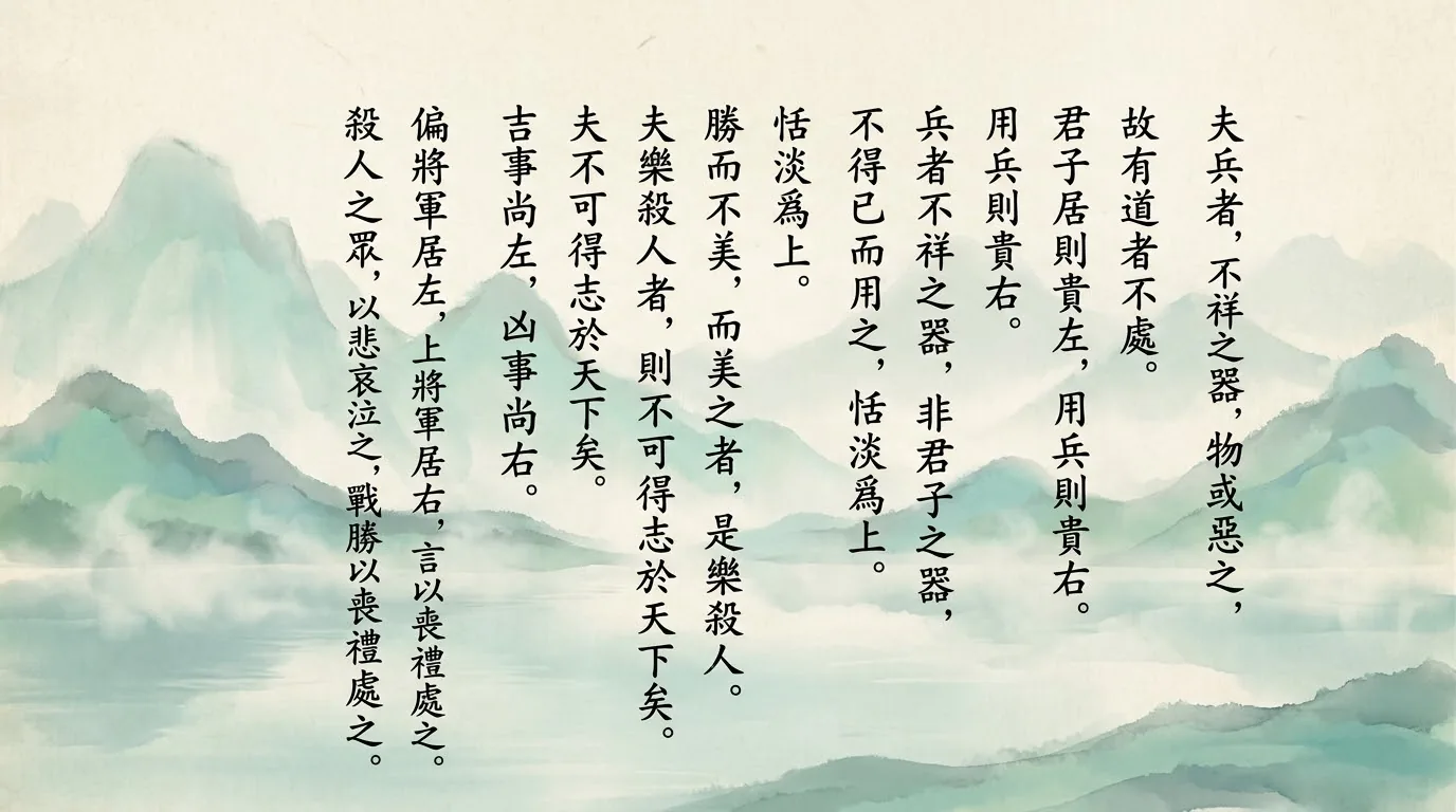 Traditional Chinese brush calligraphy artwork on Xuan paper for Laozi Daodejing Chapter 31 (偃武章第三十一), rendering ancient Daoist script in classical ink strokes with authentic seal stamp, illustrating Putting Away Weapons: Instruments of Ill Omen Handled in Grief, on ChiDestiny