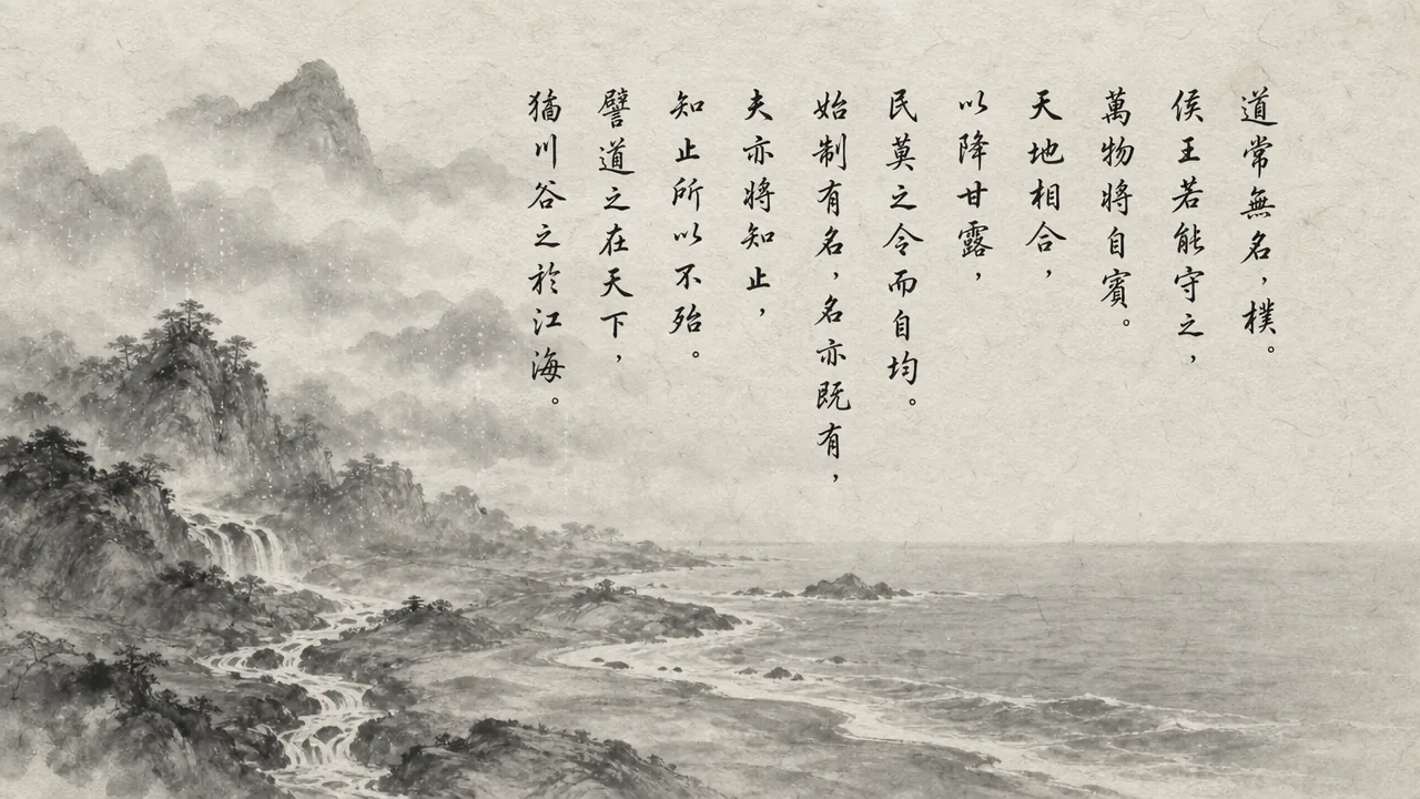 Traditional Chinese brush calligraphy artwork on Xuan paper for Laozi Daodejing Chapter 32 (聖德章第三十二), rendering ancient Daoist script in classical ink strokes with authentic seal stamp, illustrating Sacred Virtue: The Nameless Uncarved Block That Sweet Dew Obeys, on ChiDestiny