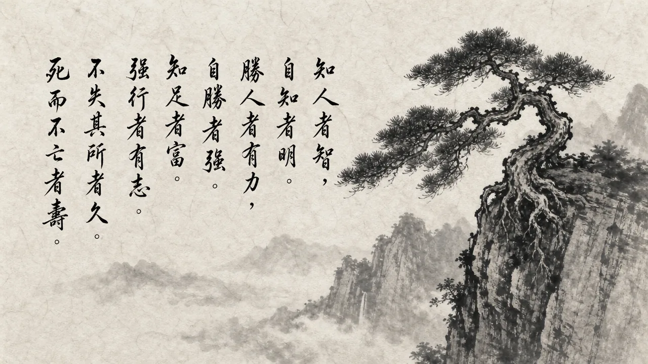 Traditional Chinese brush calligraphy artwork on Xuan paper for Laozi Daodejing Chapter 33 (辨德章第三十三), rendering ancient Daoist script in classical ink strokes with authentic seal stamp, illustrating Discerning True Virtue: Knowing Others Is Wisdom; Knowing Oneself Is Enlightenment, on ChiDestiny