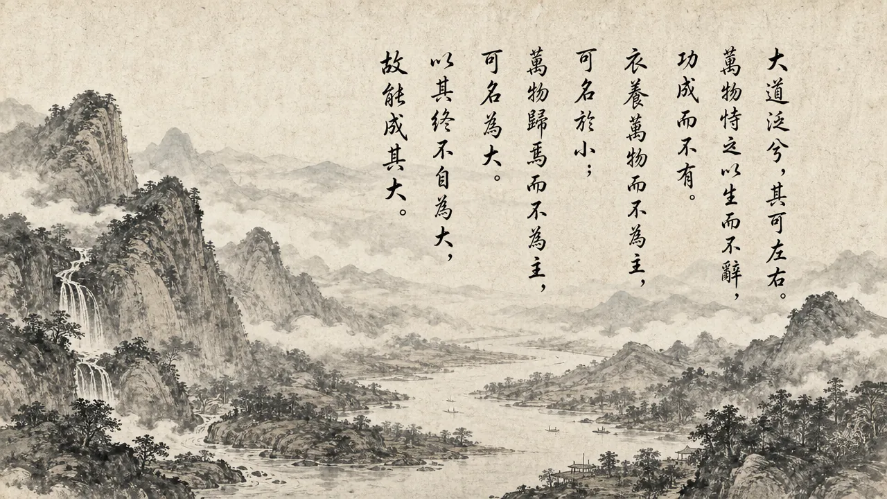 Traditional Chinese brush calligraphy artwork on Xuan paper for Laozi Daodejing Chapter 34 (任養章第三十四), rendering ancient Daoist script in classical ink strokes with authentic seal stamp, illustrating Nurturing Without Domination: The Great Tao Drifting Left and Right, on ChiDestiny