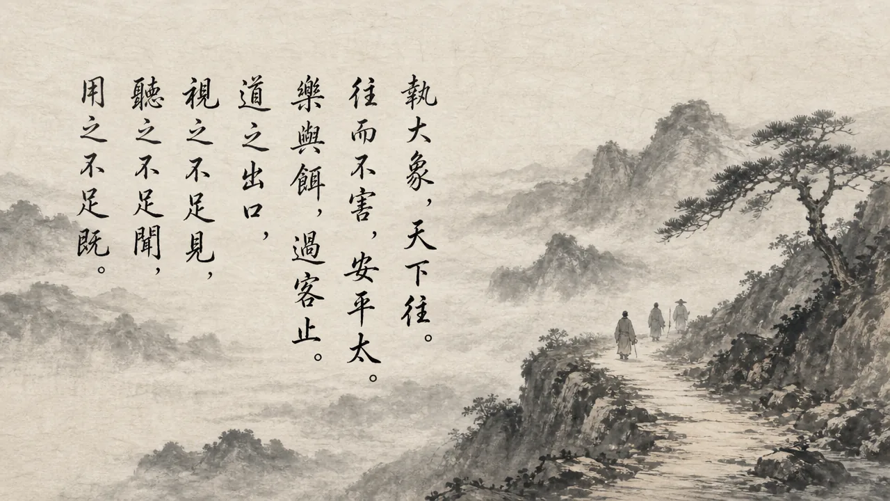 Traditional Chinese brush calligraphy artwork on Xuan paper for Laozi Daodejing Chapter 35 (仁德章第三十五), rendering ancient Daoist script in classical ink strokes with authentic seal stamp, illustrating Benevolent Virtue: Holding to the Great Form to Which the World Flocks, on ChiDestiny