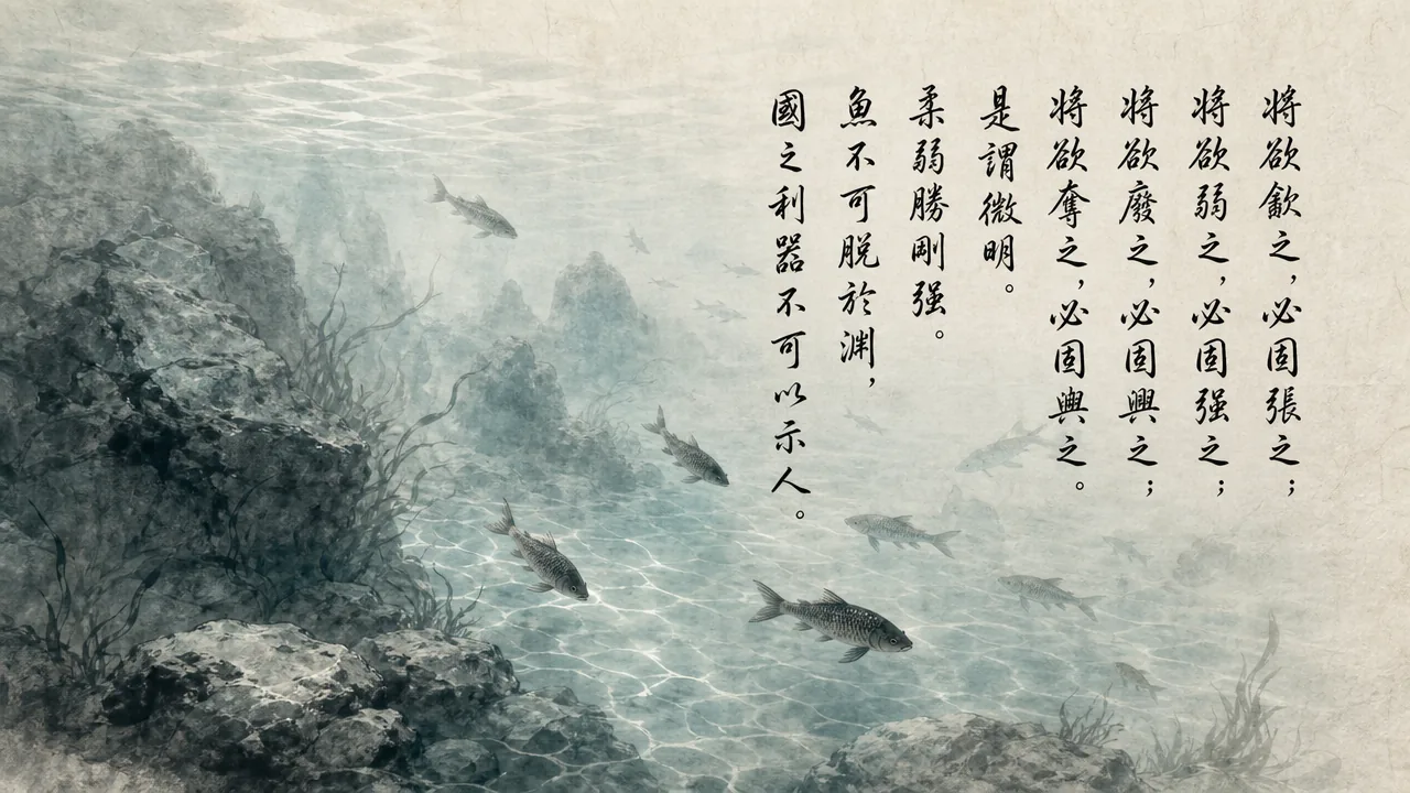 Traditional Chinese brush calligraphy artwork on Xuan paper for Laozi Daodejing Chapter 36 (微明章第三十六), rendering ancient Daoist script in classical ink strokes with authentic seal stamp, illustrating Subtle Radiance: The Soft and Yielding Overcoming the Hard and Strong, on ChiDestiny
