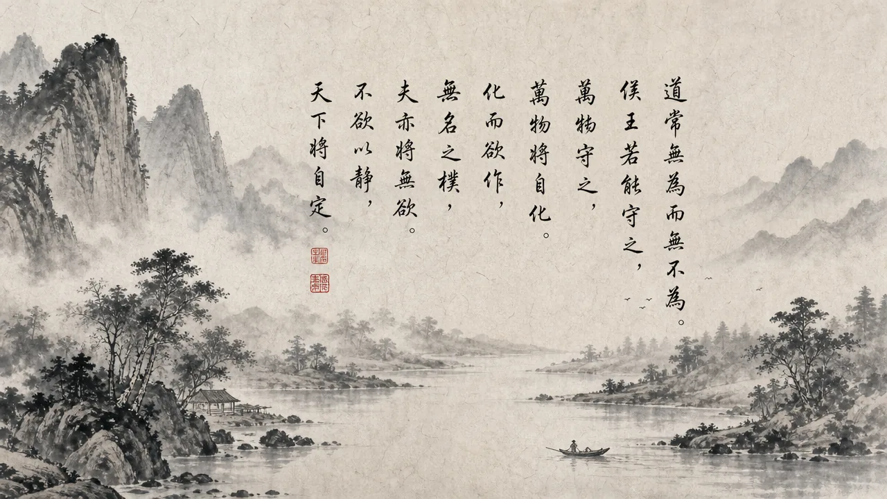 Traditional Chinese brush calligraphy artwork on Xuan paper for Laozi Daodejing Chapter 37 (爲政章第三十七), rendering ancient Daoist script in classical ink strokes with authentic seal stamp, illustrating Governing Through Stillness: The Tao Never Acts, Yet Leaves Nothing Undone, on ChiDestiny