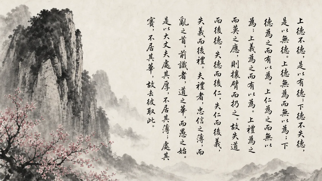 Traditional Chinese brush calligraphy artwork on Xuan paper for Laozi Daodejing Chapter 38 (論德章第三十八), rendering ancient Daoist script in classical ink strokes with authentic seal stamp, illustrating On True and False Virtue: High Virtue Does Not Cling to Form, on ChiDestiny