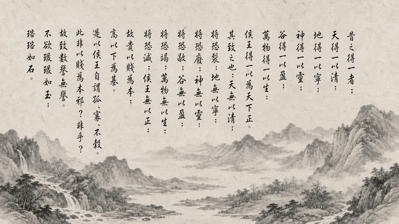 Traditional Chinese brush calligraphy artwork on Xuan paper for Laozi Daodejing Chapter 39 (法本章第三十九), rendering ancient Daoist script in classical ink strokes with authentic seal stamp, illustrating The Root of Order: Attaining the One to Sustain Clarity and Life, on ChiDestiny