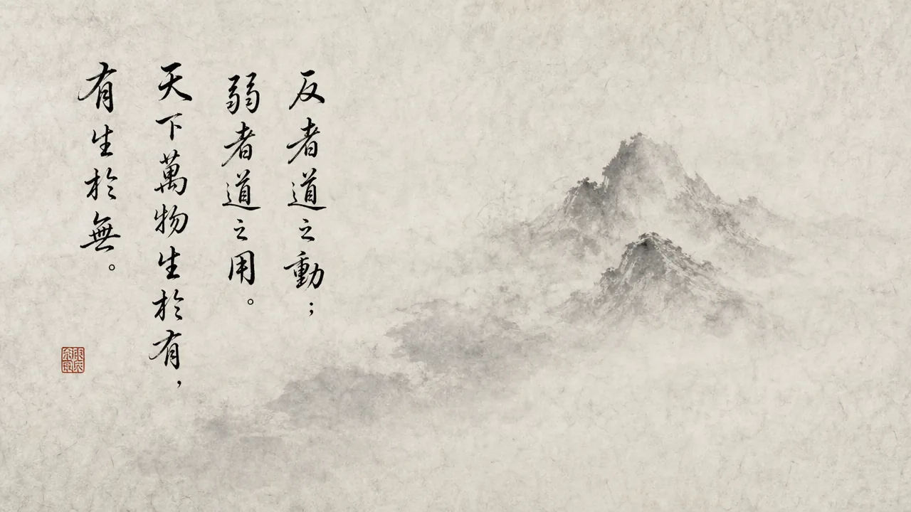 Traditional Chinese brush calligraphy artwork on Xuan paper for Laozi Daodejing Chapter 40 (去用章第四十), rendering ancient Daoist script in classical ink strokes with authentic seal stamp, illustrating Relinquishing Function: The Reversal Movement and the Yielding Power, on ChiDestiny