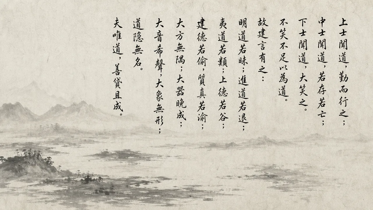 Traditional Chinese brush calligraphy artwork on Xuan paper for Laozi Daodejing Chapter 41 (同異章第四十一), rendering ancient Daoist script in classical ink strokes with authentic seal stamp, illustrating Unity and Divergence: When the Superior Scholar Hears of the Tao, on ChiDestiny