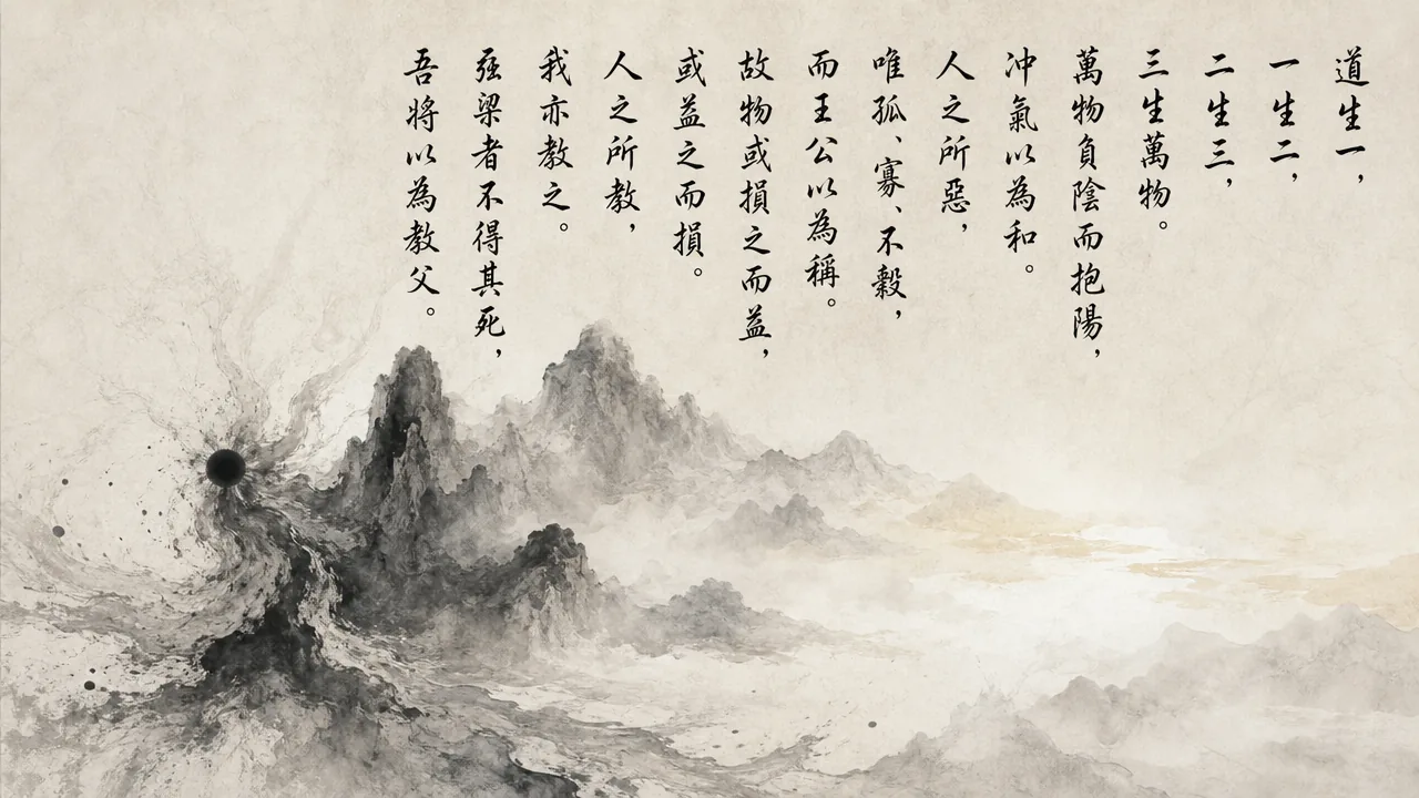 Traditional Chinese brush calligraphy artwork on Xuan paper for Laozi Daodejing Chapter 42 (道化章第四十二), rendering ancient Daoist script in classical ink strokes with authentic seal stamp, illustrating Cosmic Evolution: The Tao Gives Birth to One, Two, and Three, on ChiDestiny