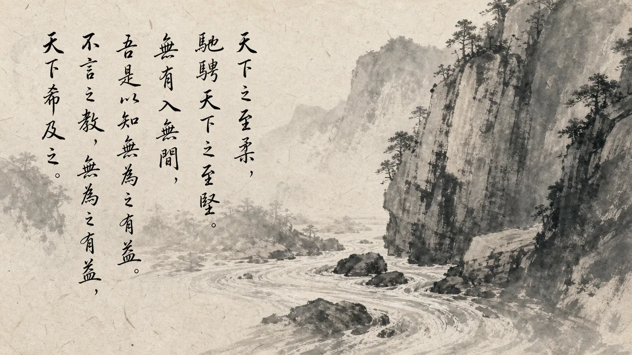 Traditional Chinese brush calligraphy artwork on Xuan paper for Laozi Daodejing Chapter 43 (遍用章第四十三), rendering ancient Daoist script in classical ink strokes with authentic seal stamp, illustrating Universal Application: The Softest in the World Gallops Through the Hardest, on ChiDestiny