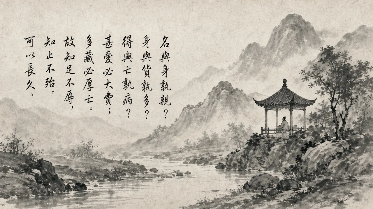 Traditional Chinese brush calligraphy artwork on Xuan paper for Laozi Daodejing Chapter 44 (立戒章第四十四), rendering ancient Daoist script in classical ink strokes with authentic seal stamp, illustrating Establishing Precepts: Fame or Life, Wealth or Health?, on ChiDestiny