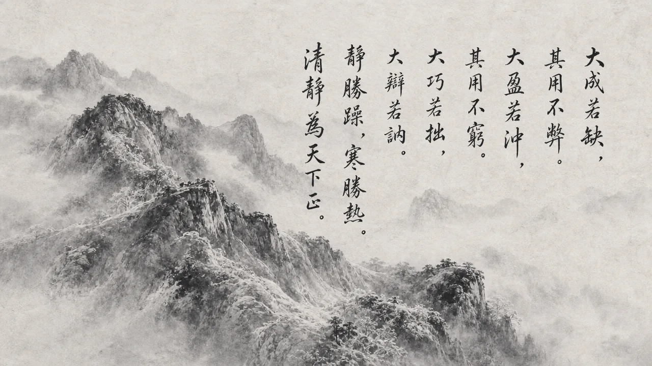 Traditional Chinese brush calligraphy artwork on Xuan paper for Laozi Daodejing Chapter 45 (洪德章第四十五), rendering ancient Daoist script in classical ink strokes with authentic seal stamp, illustrating Vast Virtue: Greatest Perfection Appears Imperfect and Flawed, on ChiDestiny