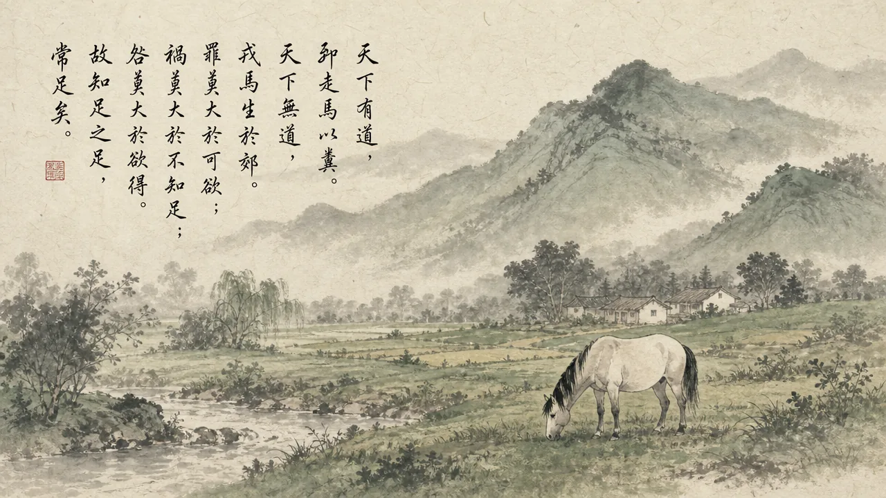 Traditional Chinese brush calligraphy artwork on Xuan paper for Laozi Daodejing Chapter 46 (儉欲章第四十六), rendering ancient Daoist script in classical ink strokes with authentic seal stamp, illustrating Moderating Desire: When War Horses Breed in the Countryside, on ChiDestiny