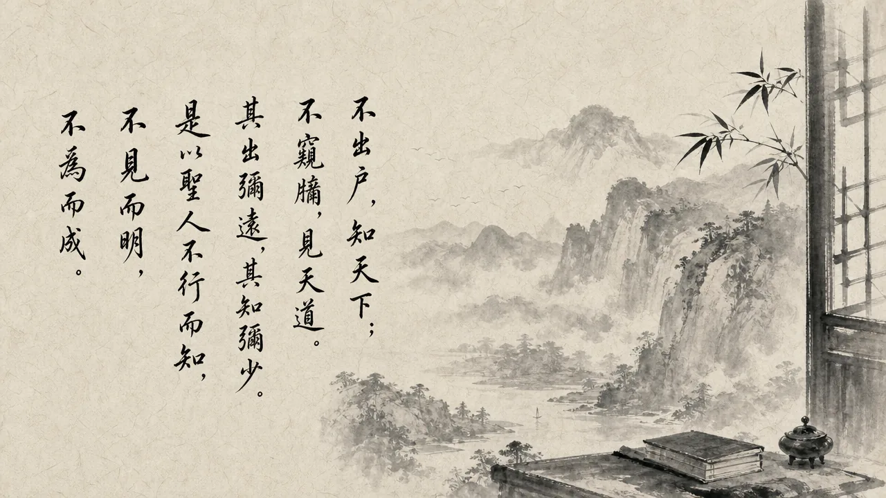 Traditional Chinese brush calligraphy artwork on Xuan paper for Laozi Daodejing Chapter 47 (鑒遠章第四十七), rendering ancient Daoist script in classical ink strokes with authentic seal stamp, illustrating Discerning from Afar: Knowing the World Without Stepping Outside the Door, on ChiDestiny