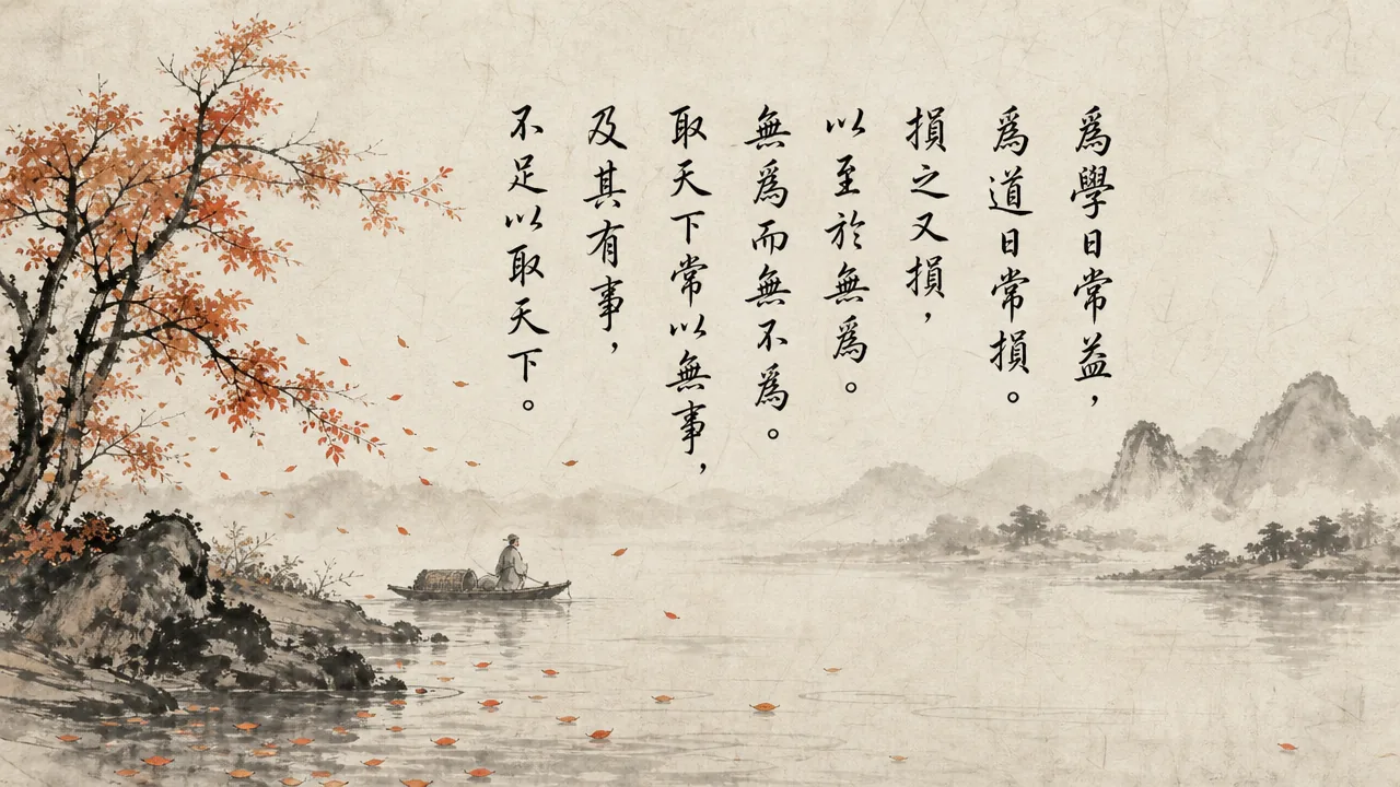 Traditional Chinese brush calligraphy artwork on Xuan paper for Laozi Daodejing Chapter 48 (忘知章第四十八), rendering ancient Daoist script in classical ink strokes with authentic seal stamp, illustrating Forgetting Intellectual Conceit: Gaining Daily vs. Decreasing Daily, on ChiDestiny