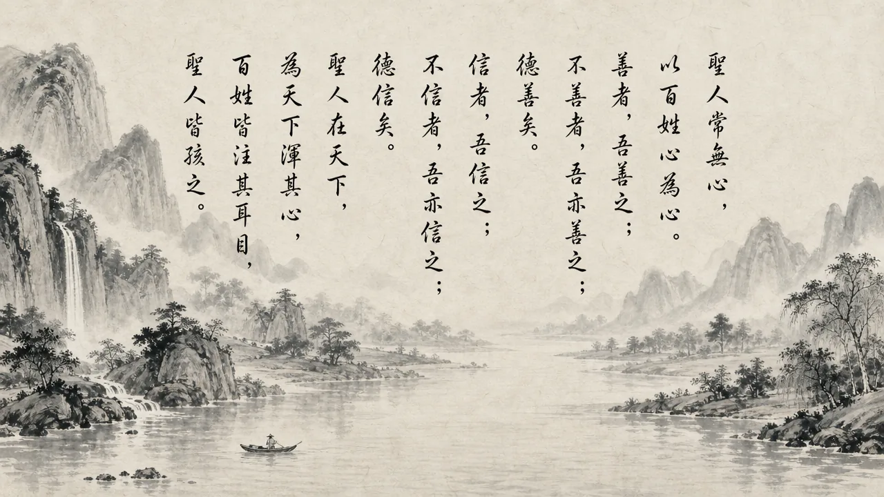 Traditional Chinese brush calligraphy artwork on Xuan paper for Laozi Daodejing Chapter 49 (任德章第四十九), rendering ancient Daoist script in classical ink strokes with authentic seal stamp, illustrating Living in Virtue: The Sage Has No Rigid Heart of His Own, on ChiDestiny