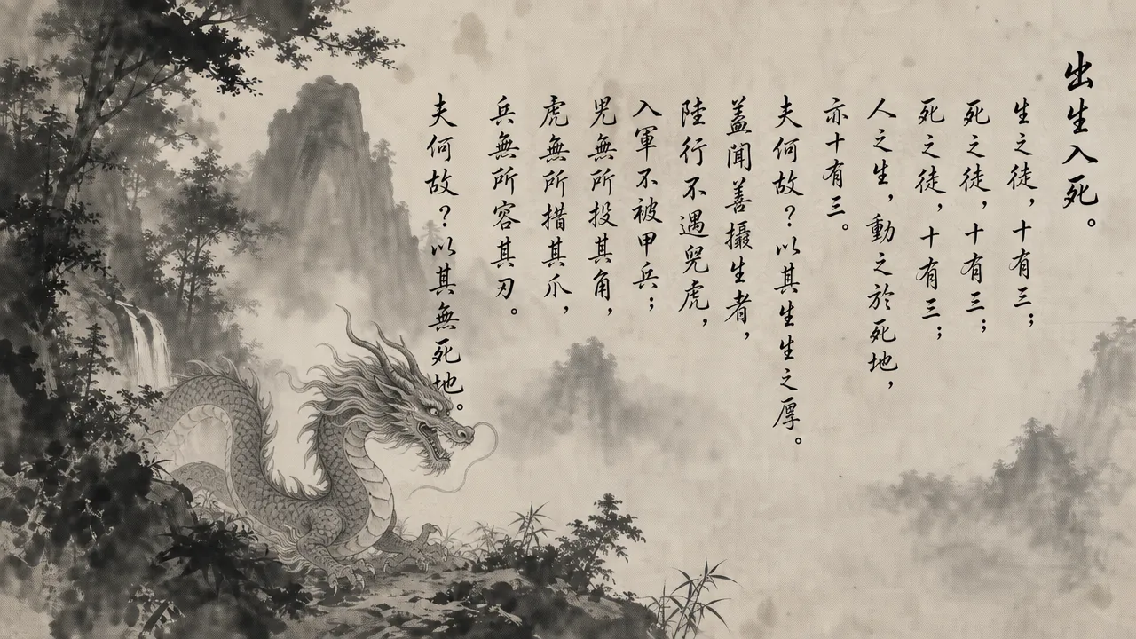 Traditional Chinese brush calligraphy artwork on Xuan paper for Laozi Daodejing Chapter 50 (嚴捷章第五十), rendering ancient Daoist script in classical ink strokes with authentic seal stamp, illustrating Passing Through Danger: Walking Through Rhinos and Tigers Without Armor, on ChiDestiny